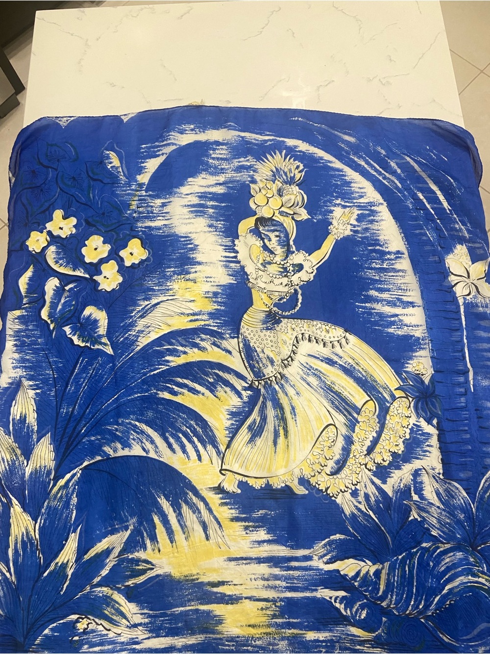 Vintage Pure Silk Scarf Carmen Miranda Dancing Woman Fruit Blue Yellow Rolled
